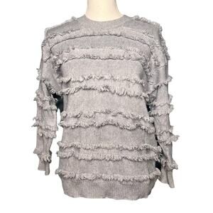 Main Strip Size Small Eyelash Fringe Stripe Gray Sweater Crew Neck Long Sleeve